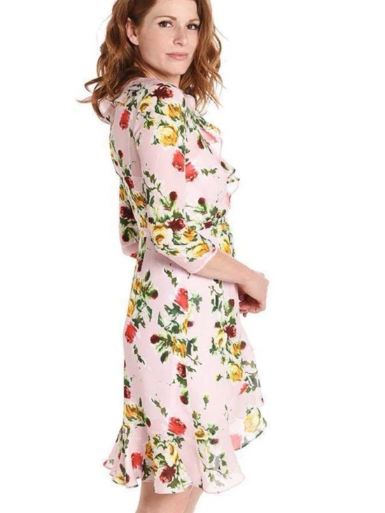 Milly of New York Light Blue Floral Wrap Midi Dress with Yellow & Red Roses - Picture 5 of 15